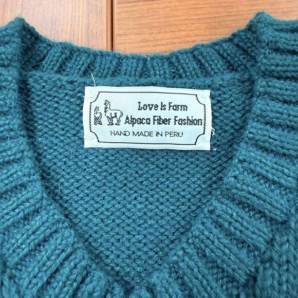 Vintage Teal Green Cable Knit V-Neck Unisex Sweater Handmade Peru Alpaca Wool OS - Picture 2 of 8